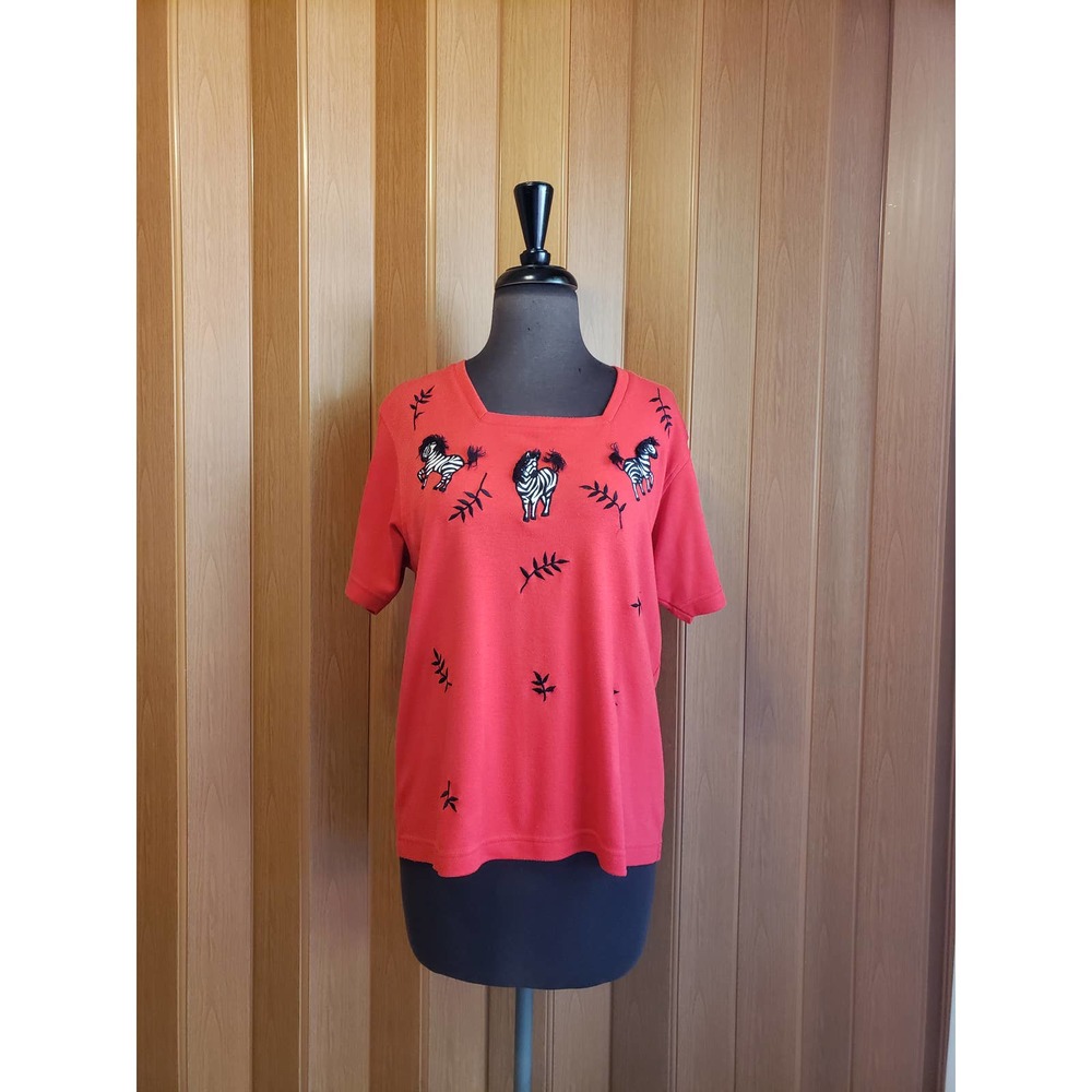 Lisa International Medium red knit top with Zebras